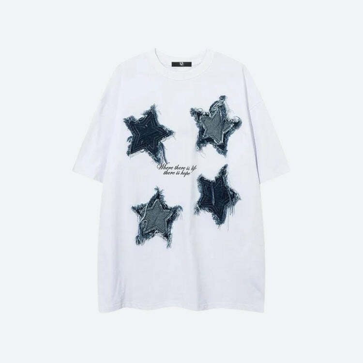 Y2K Denim Star Patchwork Tee - Trendy Grunge Aesthetic Top for Effortless Summer Style