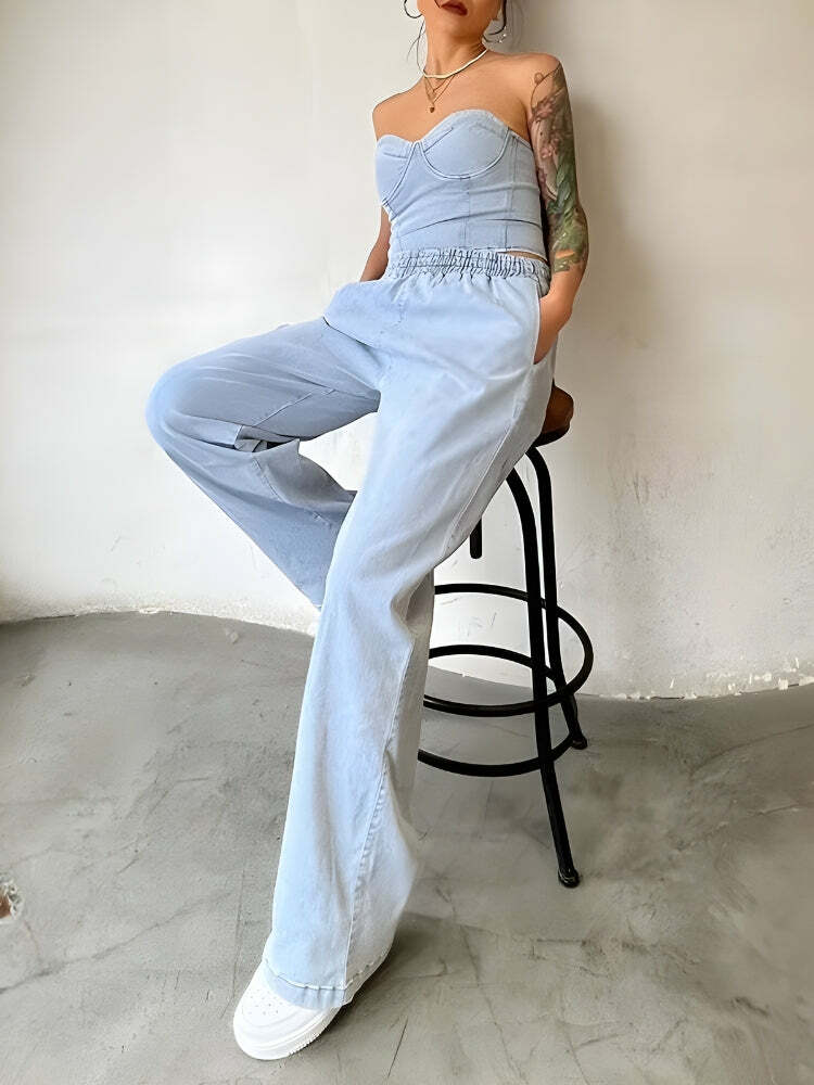 Y2K Denim Top & Baggy Pants Set - Trendy 2000s Fashion for Effortless Summer Style