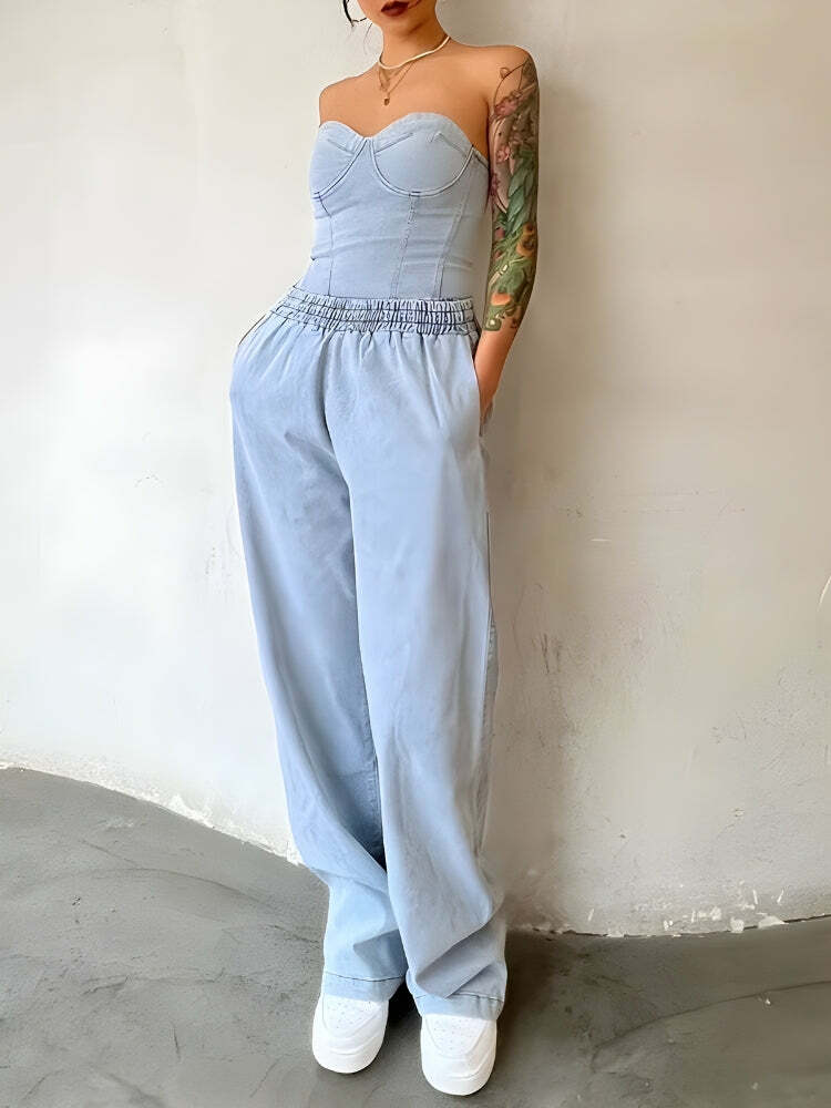 Y2K Denim Top & Baggy Pants Set - Trendy 2000s Fashion for Effortless Summer Style