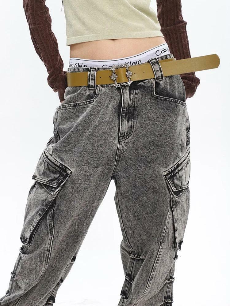 Y2K Distressed Cargo Jeans with Oversized Pockets for Trendy Summer Outfits