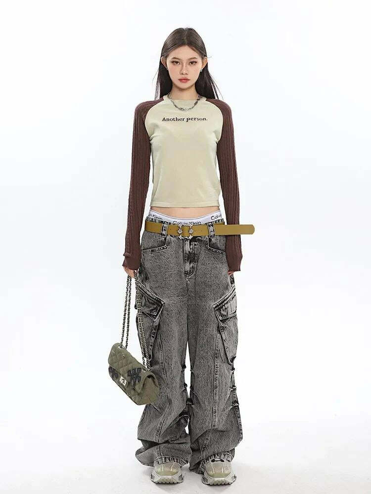 Y2K Distressed Cargo Jeans with Oversized Pockets for Trendy Summer Outfits