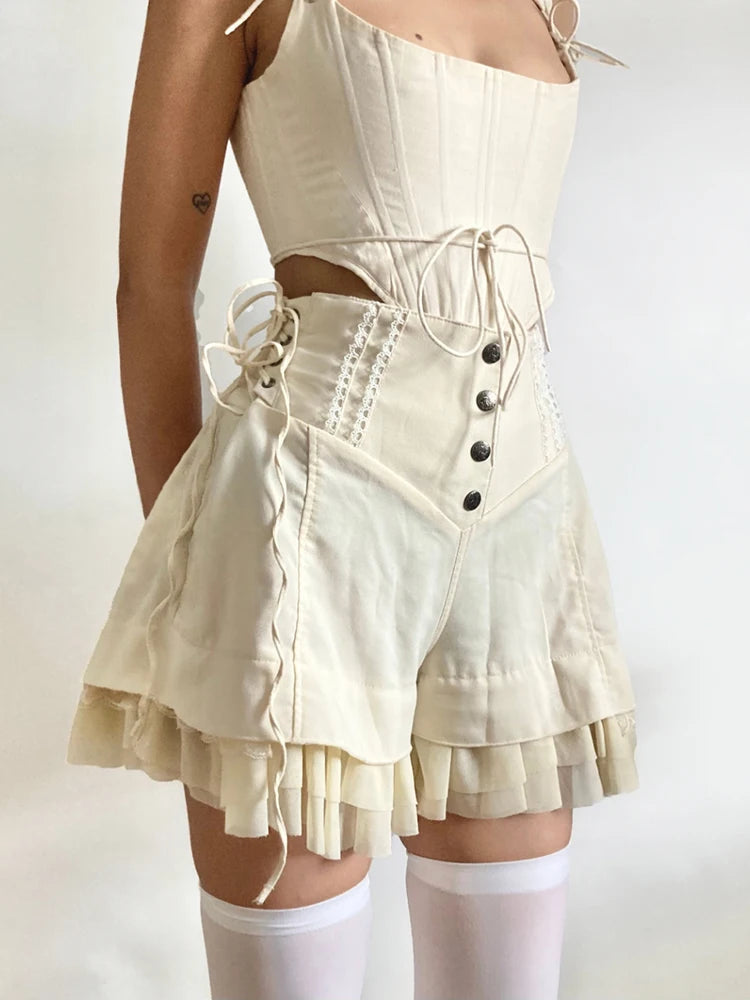 Y2K Fairycore Ruffled Lace-Up Shorts for Summer: Trendy Grunge & Retro Vibes