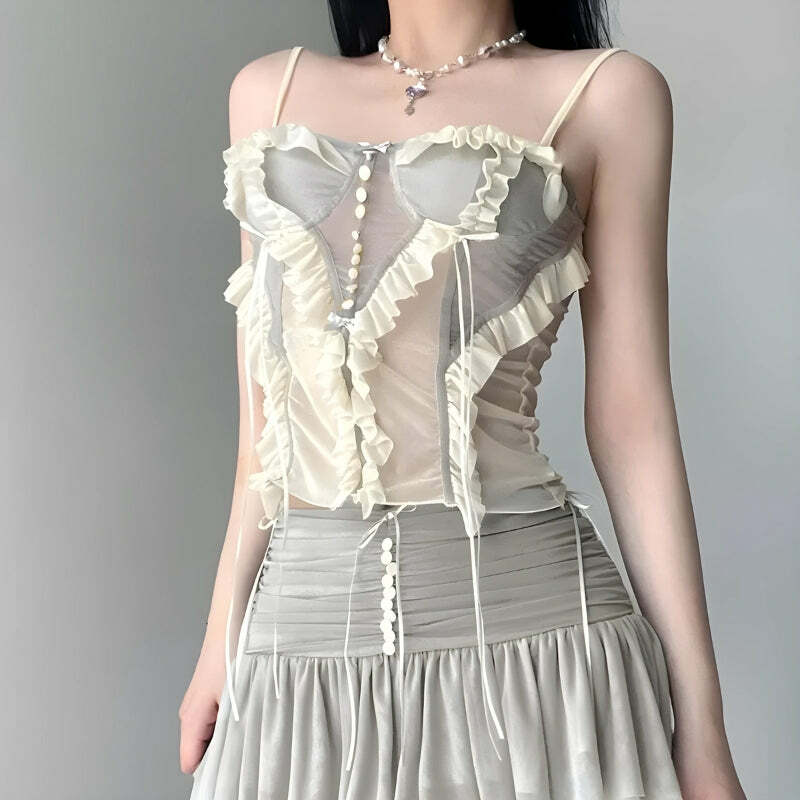 Y2K Fairycore Ruffled Mesh Corset Top - Trendy Grunge Aesthetic for Summer Outfits