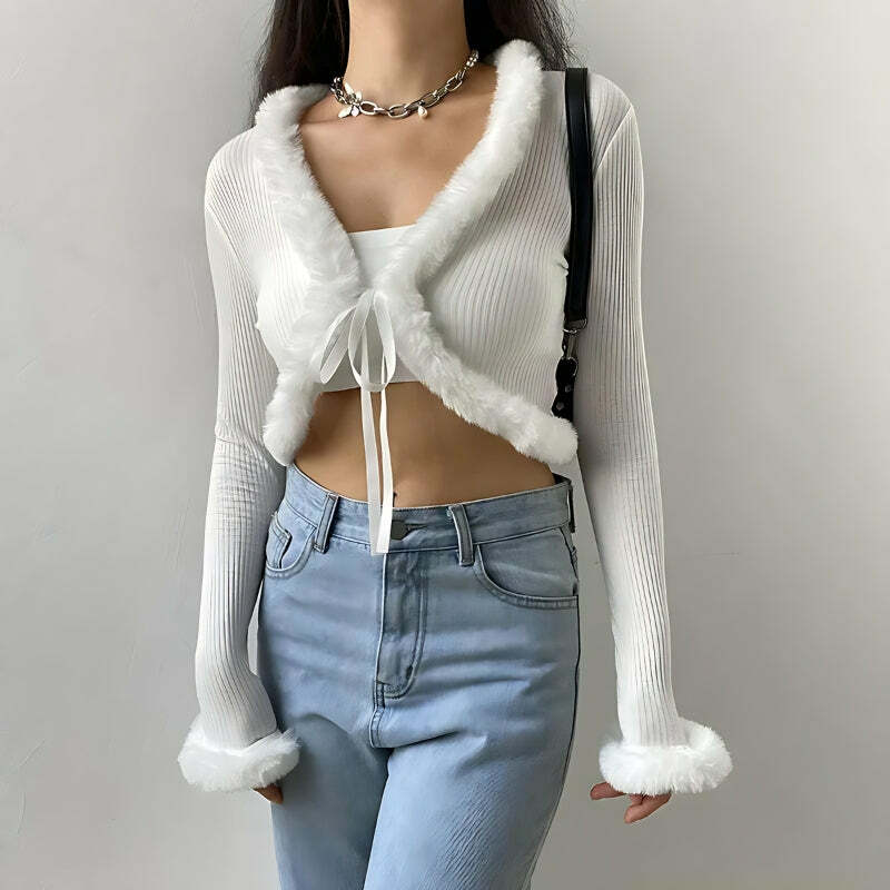 Y2K Faux Fur Corduroy Crop Cardigan for Trendy Grunge and Coquette Aesthetic Outfits