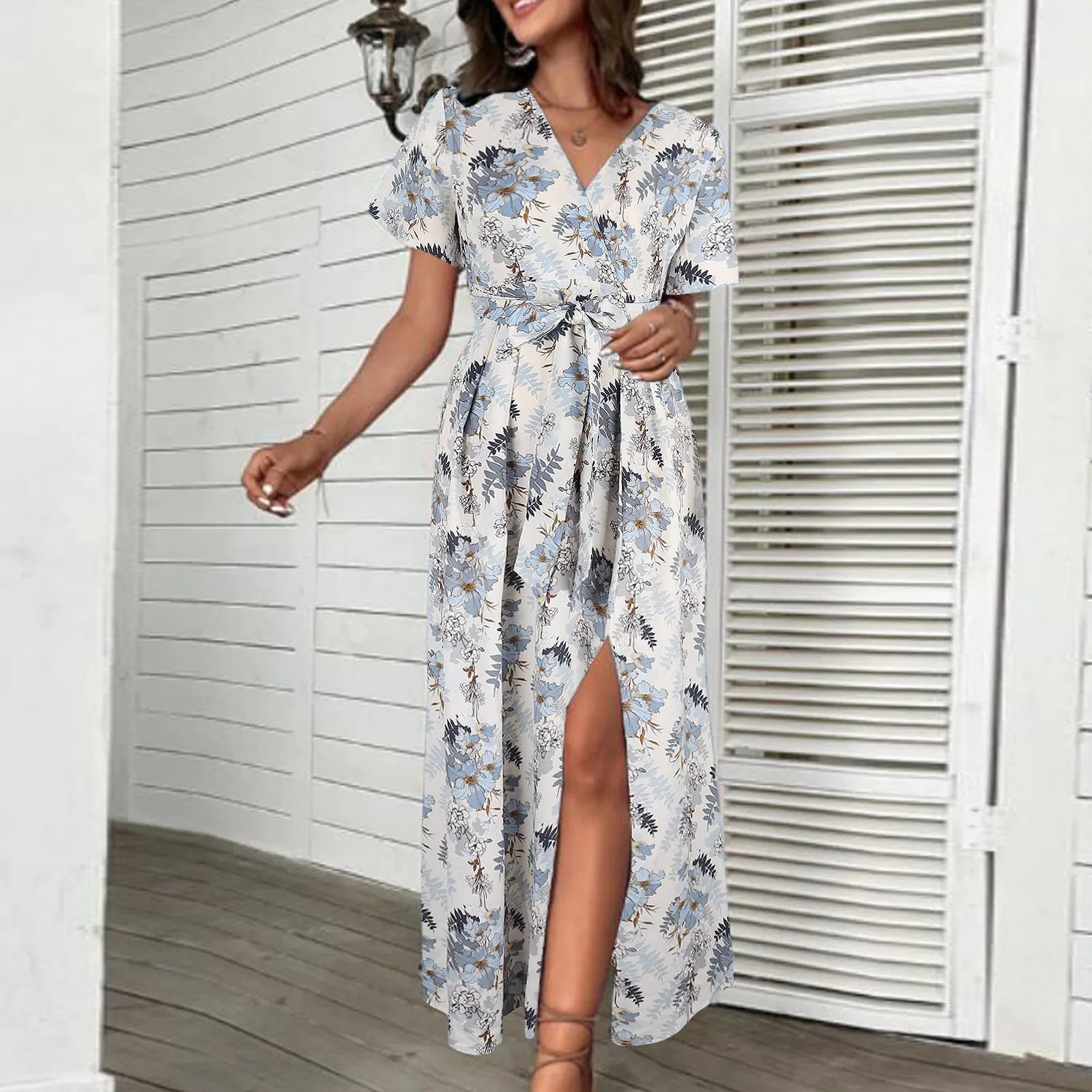 Y2K Floral Chiffon High Split Dress - Casual V Neck Party Dress with Belt for Aesthetic Vibes