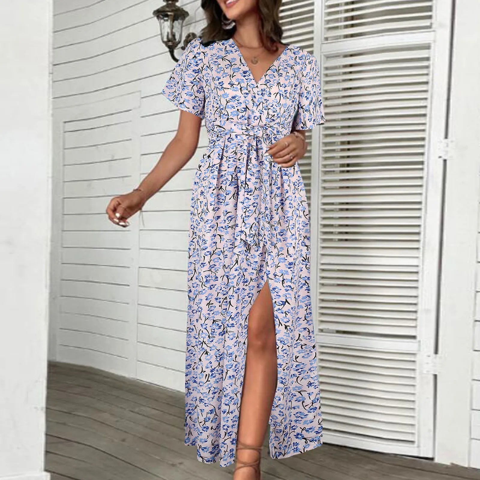 Y2K Floral Chiffon High Split Dress - Casual V Neck Party Dress with Belt for Aesthetic Vibes