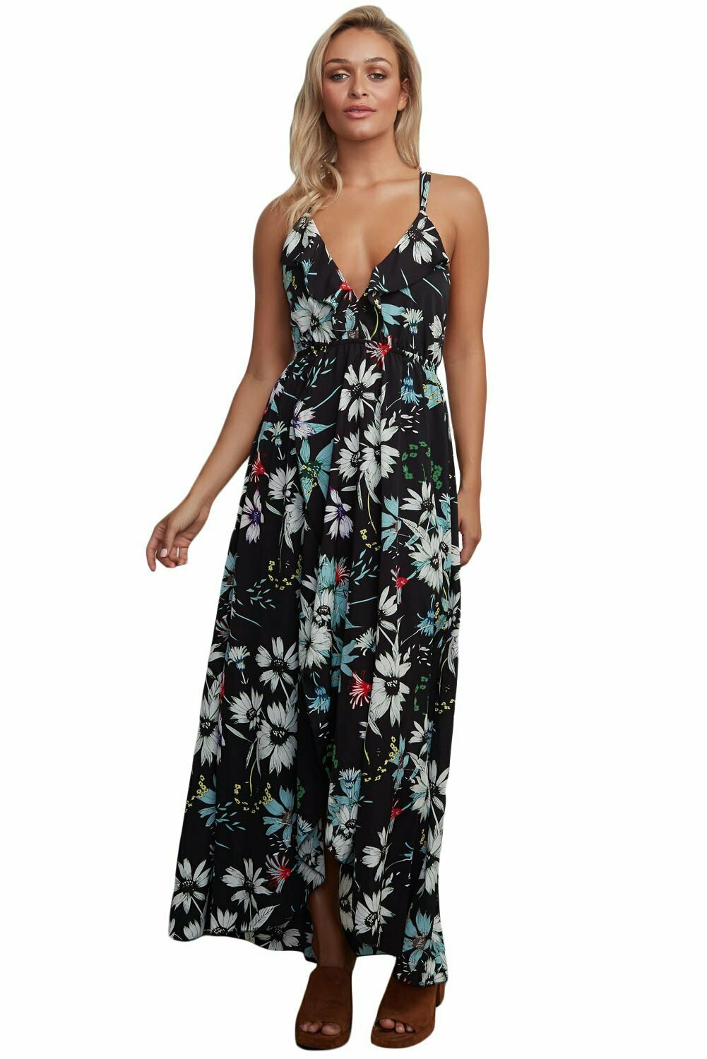 Y2K Floral Chiffon Maxi Dress with Spaghetti Straps - Coquette & Grunge Aesthetic