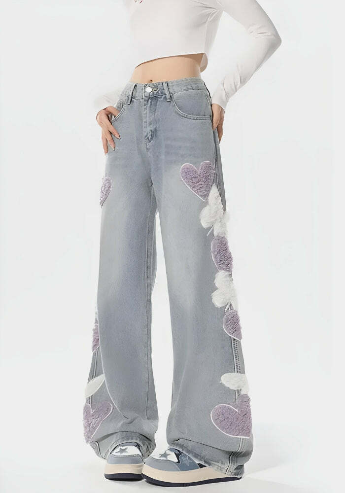 Y2K Fluffy Heart Butterfly Jeans - Trendy Grunge Style for Effortless Summer Outfits