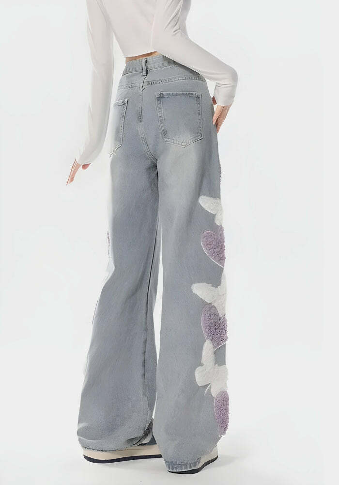 Y2K Fluffy Heart Butterfly Jeans - Trendy Grunge Style for Effortless Summer Outfits