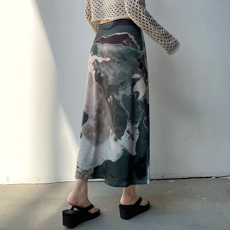 Y2K Graphic Printed Midi Skirt - Trendy Summer Outfit for a Chic, Retro Vibe