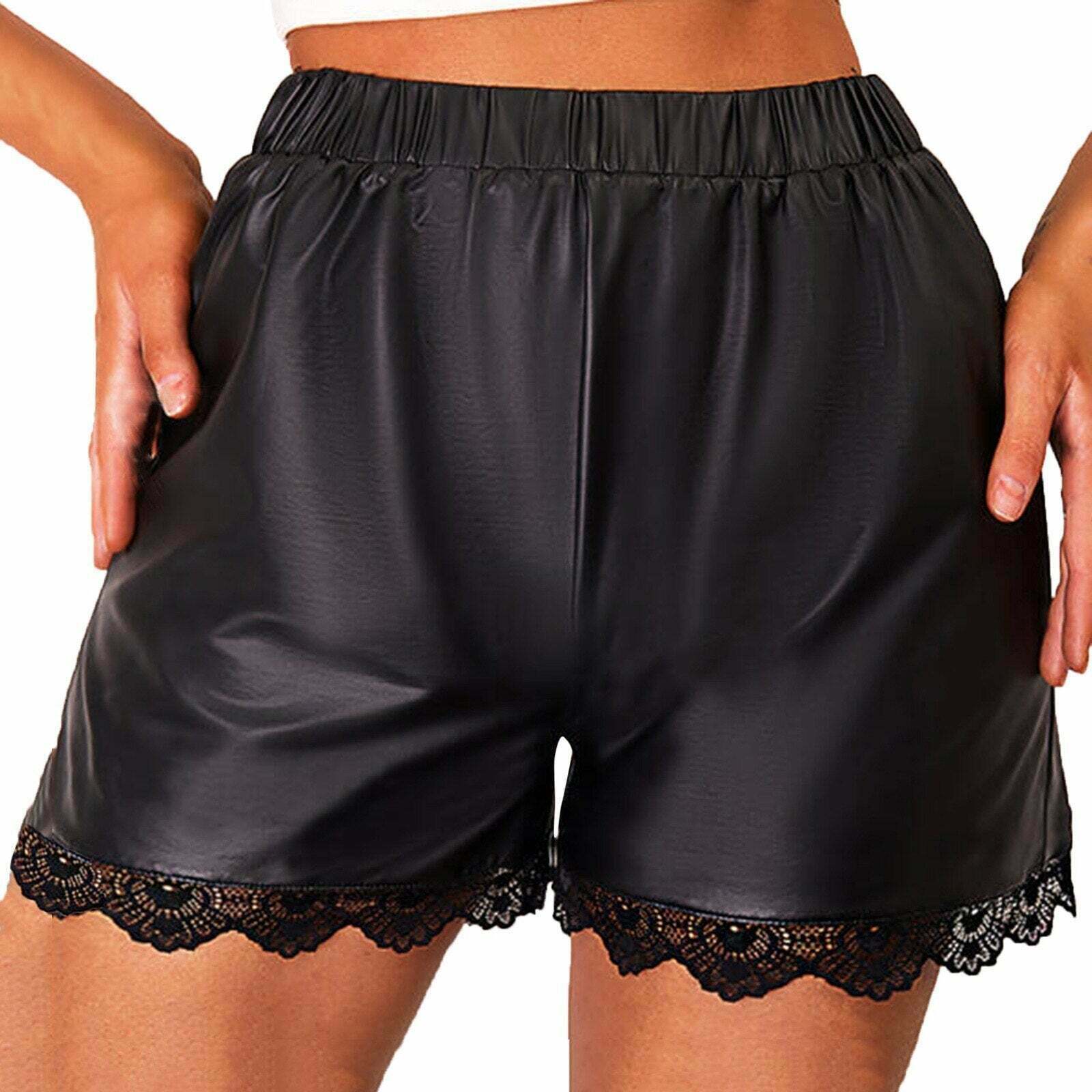 Y2K Grunge Aesthetic Lace Faux Leather Shorts - Cute Coquette Style Bottoms