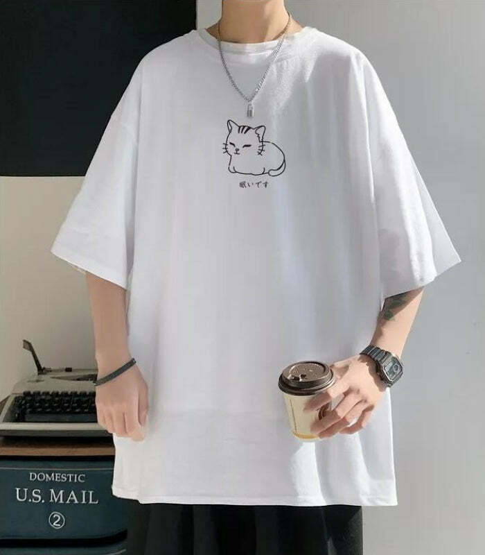 Y2K Grunge Aesthetic Lying Cat Drop Shoulder Tee - Trendy Oversized Graphic Top