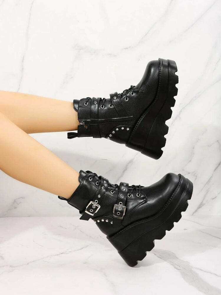 Y2K Grunge Belted Platform Boots for Trendy Summer Outfits and 90s Aesthetic Vibes