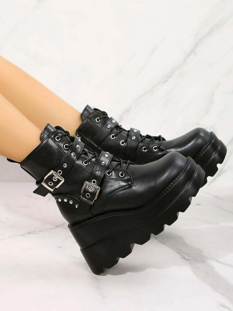 Y2K Grunge Belted Platform Boots for Trendy Summer Outfits and 90s Aesthetic Vibes