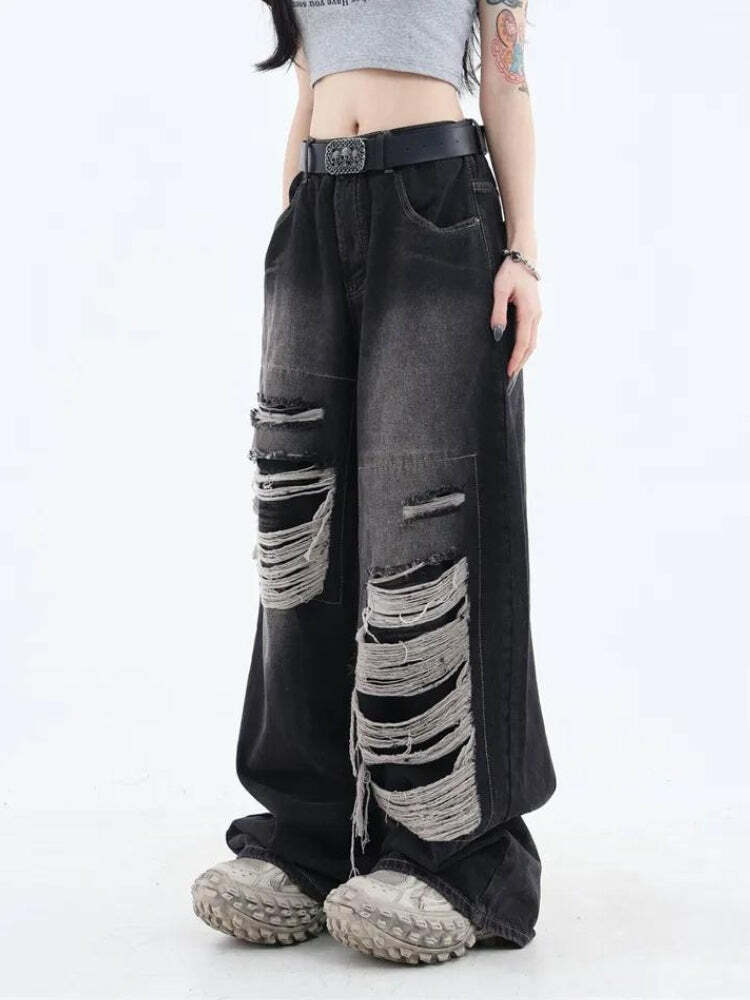 Y2K Grunge Dark Wash Distressed Baggy Jeans for Effortless Vintage Style