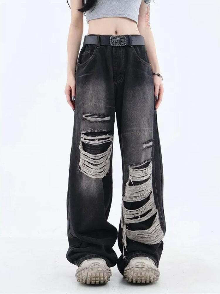 Y2K Grunge Dark Wash Distressed Baggy Jeans for Effortless Vintage Style