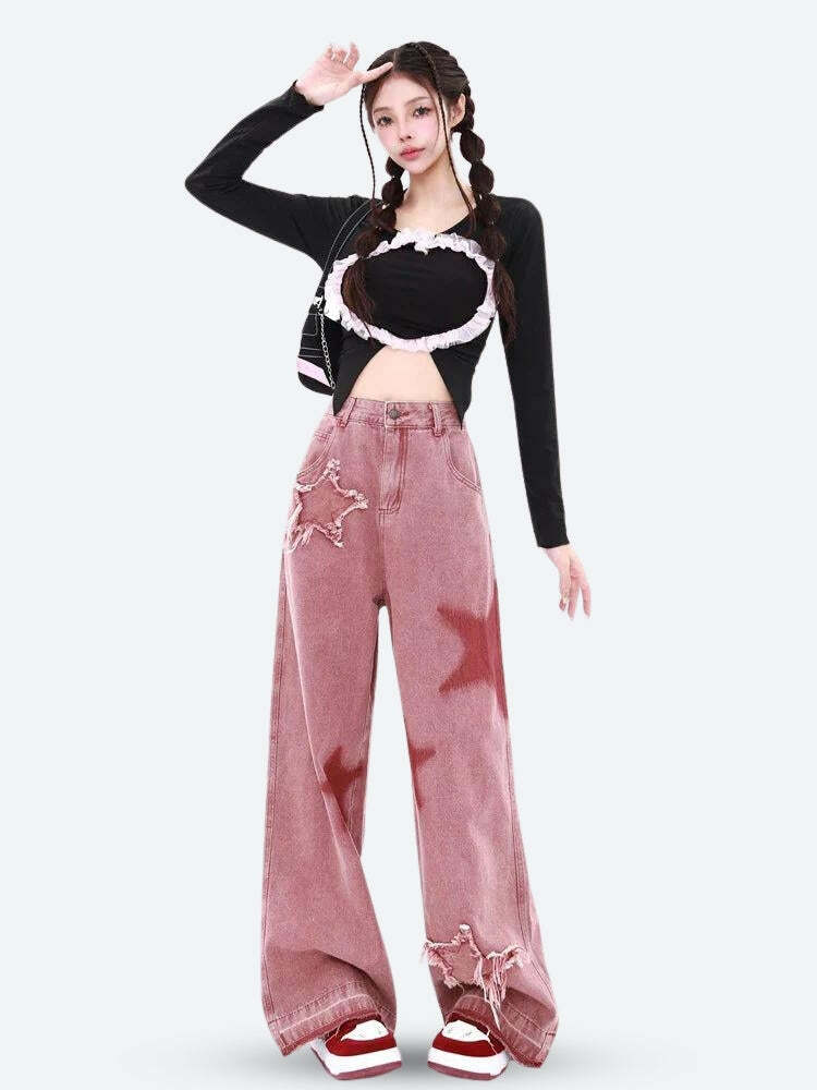 Y2K Grunge Denim Jeans: Vintage-Inspired Wide Leg Style for Effortless Summer Outfits