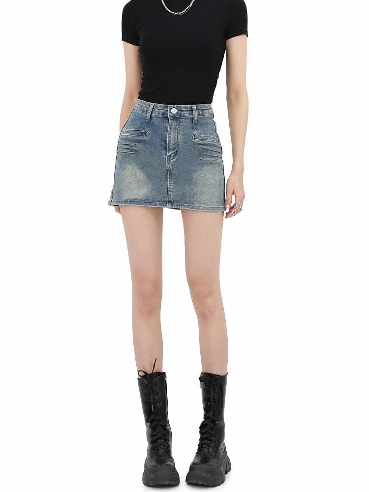 Y2K Grunge Denim Mini Skirt with Faux Pockets - Trendy 90s Inspired Summer Fashion