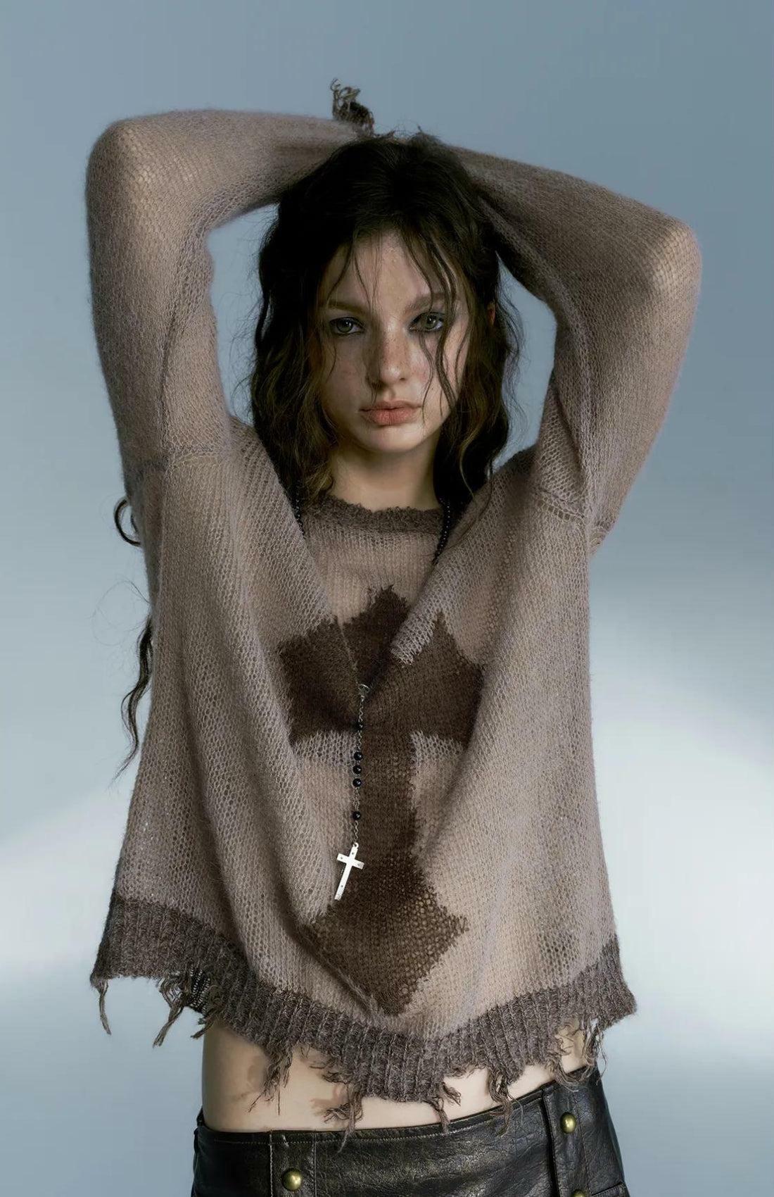 Y2K Grunge Distressed Cross Sweater - Trendy Oversized Knit for Effortless Style