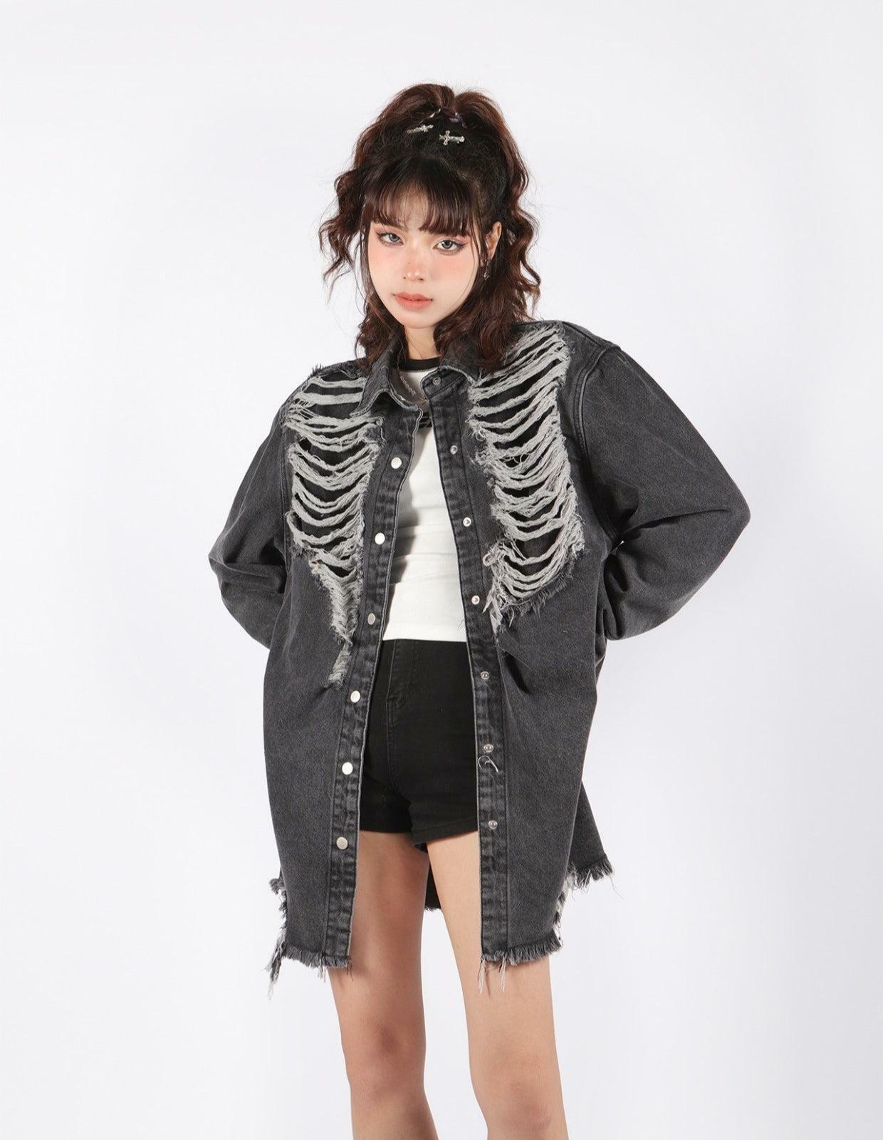 Y2K Grunge Distressed Long Denim Jacket for Effortless Vintage Style and Aesthetic Vibes