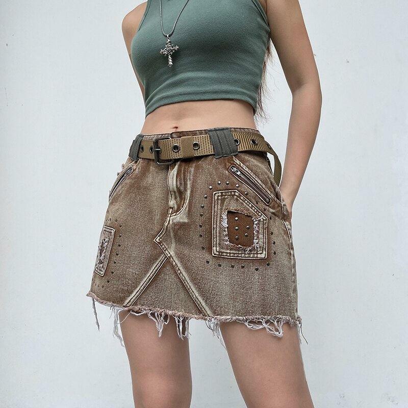 Y2K Grunge Distressed Patchwork Mini Skirt for Trendy Summer Outfits