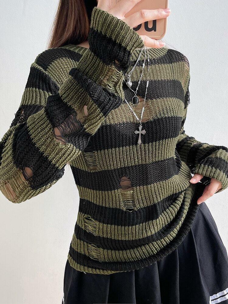 Y2K Grunge Distressed Striped Sweater - Vintage 90s Aesthetic for Effortless Style