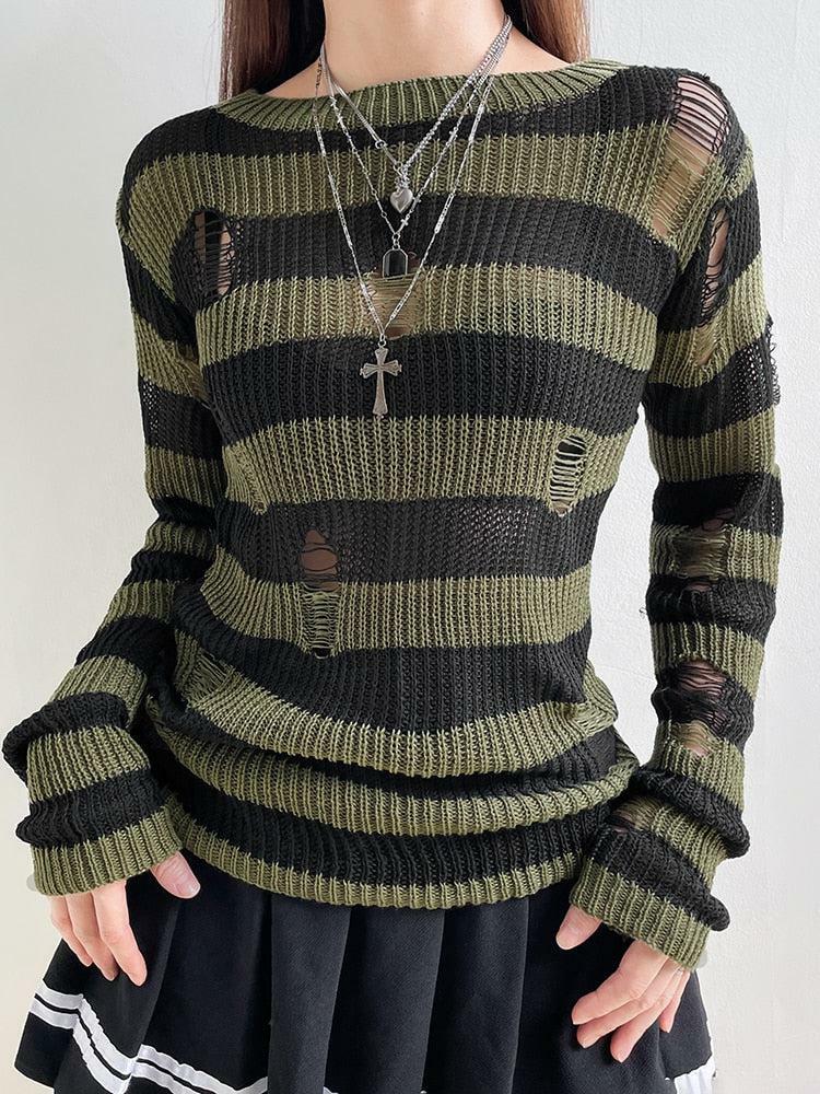 Y2K Grunge Distressed Striped Sweater - Vintage 90s Aesthetic for Effortless Style