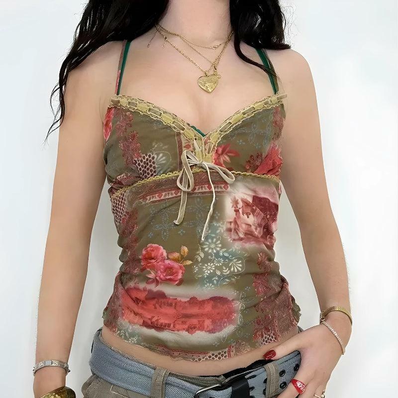 Y2K Grunge Floral Crop Top - Vintage-Inspired Aesthetic for Effortless Summer Style