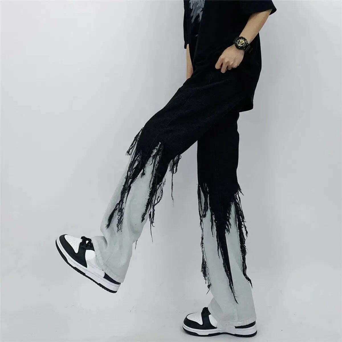 Y2K Grunge Fringed Wide Leg Jeans for Trendy Summer Outfits and Aesthetic Looks