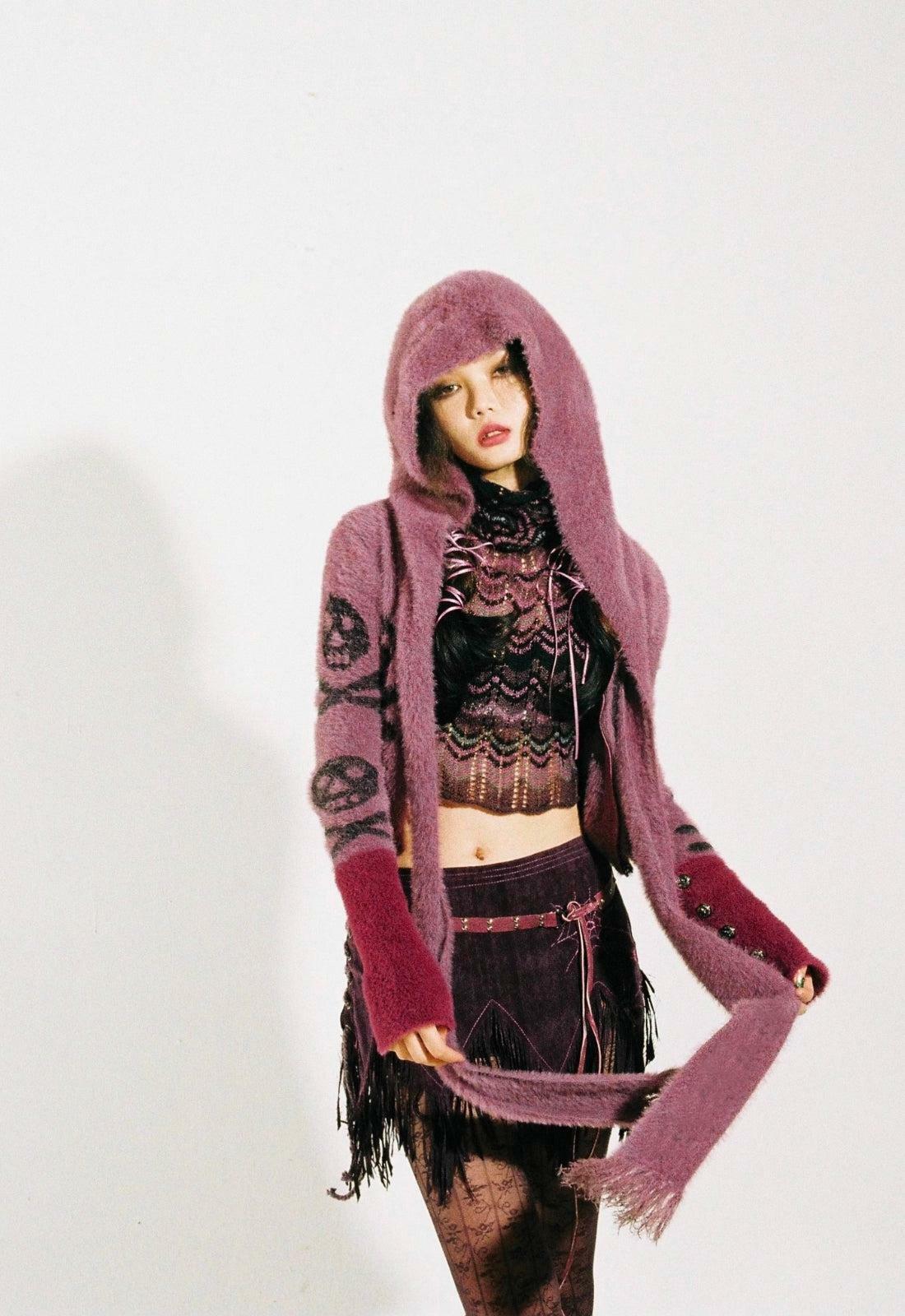 Y2K Grunge Gothic Skull Hooded Cardigan for Edgy Summer Outfits and Aesthetic Looks