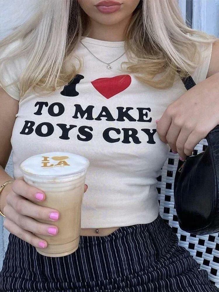 Y2K Grunge 'I Love To Make Boys Cry' Tee - Trendy Vintage Aesthetic Top for Summer