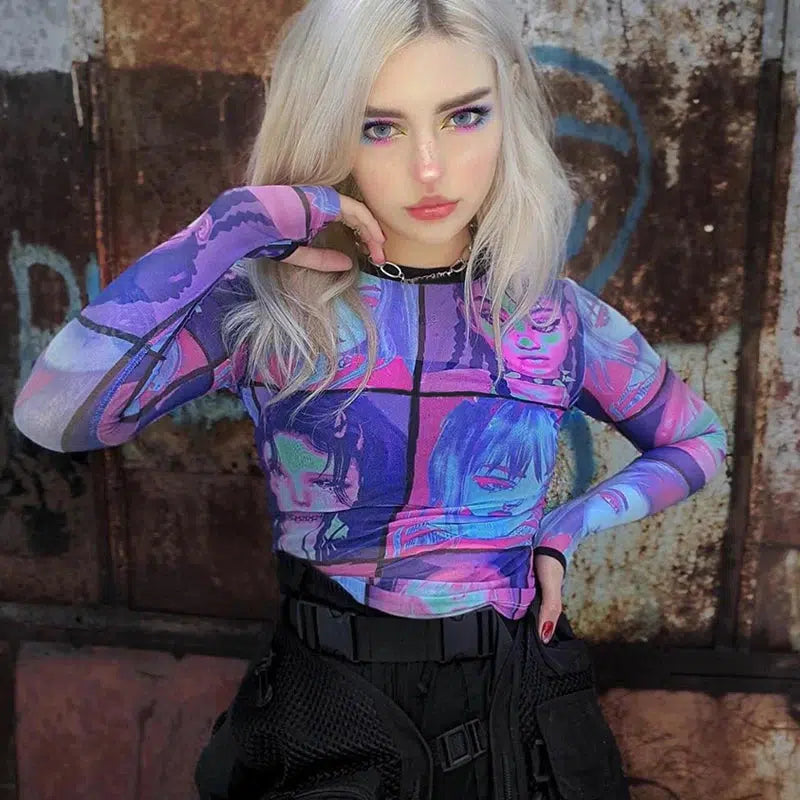 Y2K Grunge Mesh Top for Punk Girls - Edgy Summer Outfit with Sheer Details