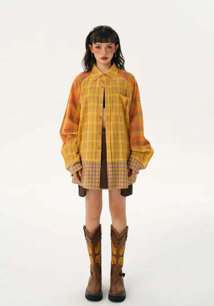 Y2K Grunge Multi-Pattern Plaid Shirt for Effortless 90s Aesthetic Style