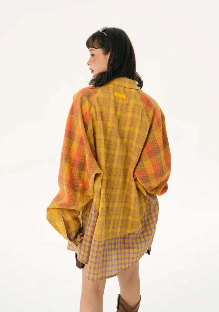 Y2K Grunge Multi-Pattern Plaid Shirt for Effortless 90s Aesthetic Style