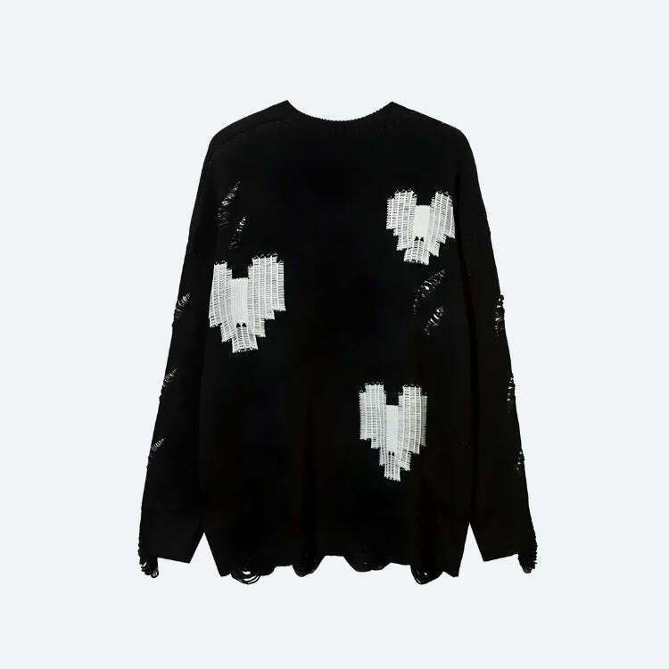 Y2K Grunge Pixel Hearts Knit Sweater - Trendy Retro Style for Aesthetic Outfits