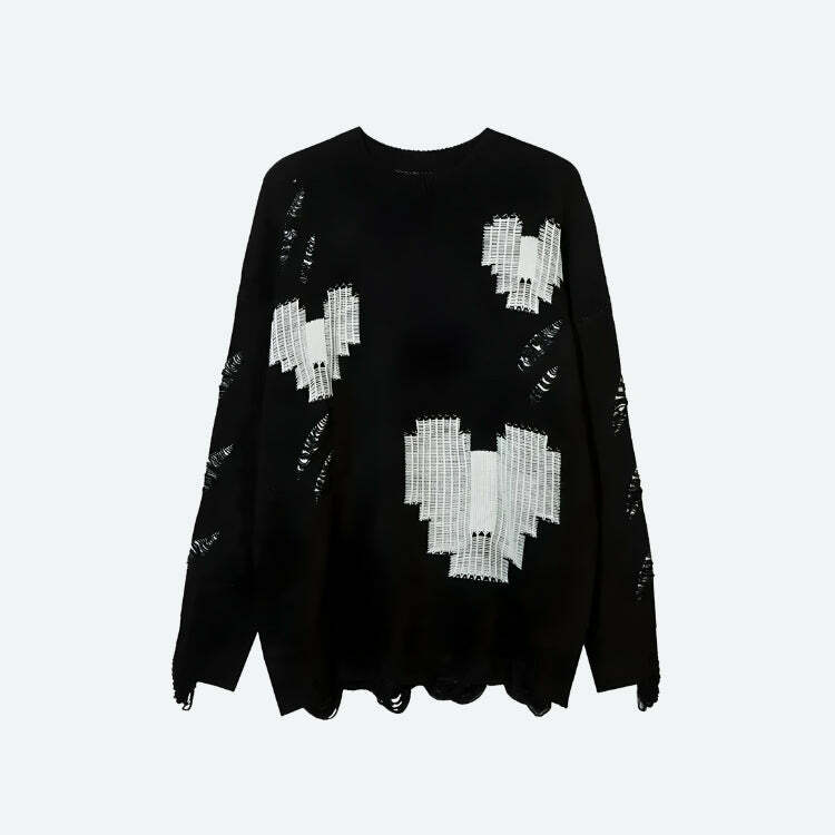 Y2K Grunge Pixel Hearts Knit Sweater - Trendy Retro Style for Aesthetic Outfits