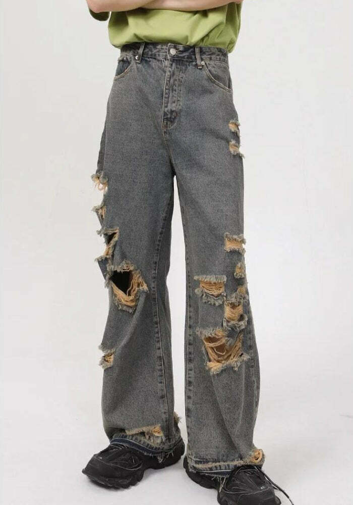 Y2K Grunge Ripped Straight Leg Jeans for Effortless 90s Style and Aesthetic Vibes