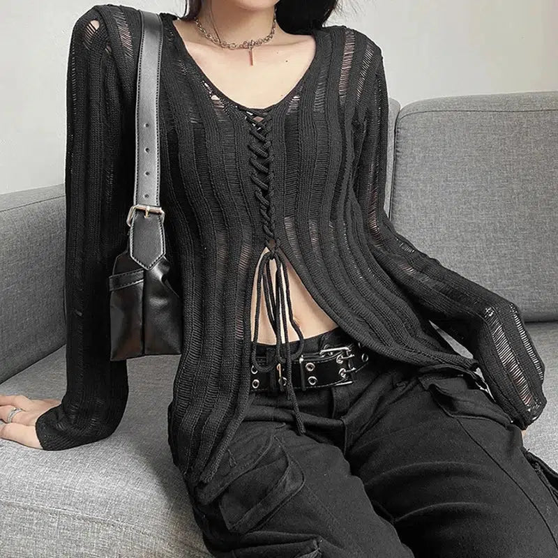 Y2K Grunge Sheer Lace-Up Knit Top for Trendy Summer Outfits and Aesthetic Looks