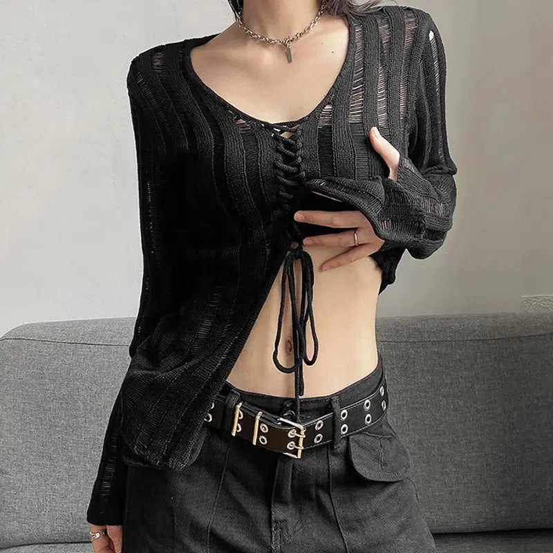 Y2K Grunge Sheer Lace-Up Knit Top for Trendy Summer Outfits and Aesthetic Looks