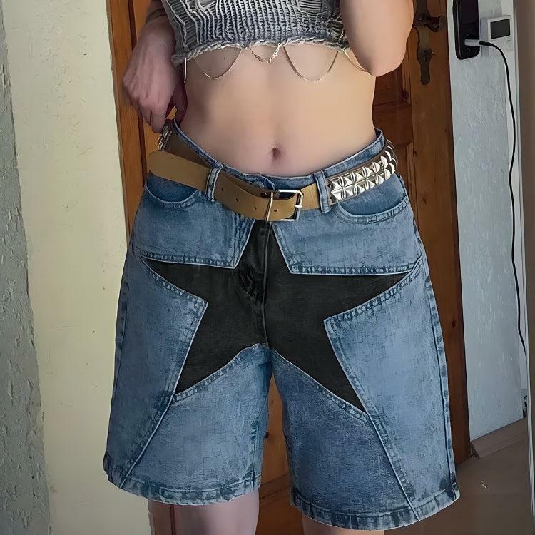 Y2K Grunge Star Jean Shorts - Vintage-Inspired 90s Summer Fashion for Effortless Style