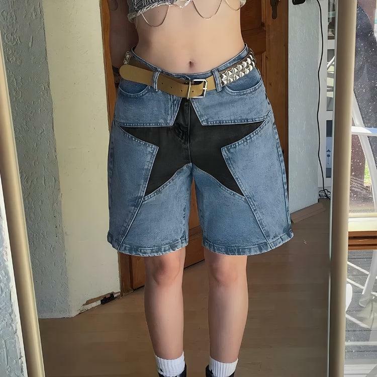 Y2K Grunge Star Jean Shorts - Vintage-Inspired 90s Summer Fashion for Effortless Style