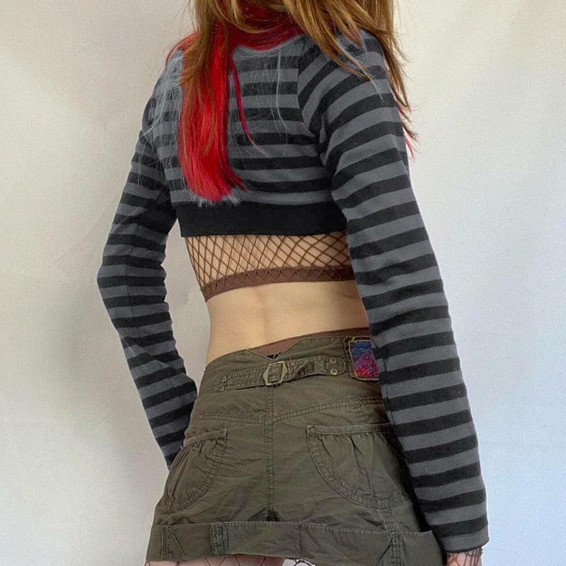 Y2K Grunge Striped Crop Top - Trendy Button-Up for Effortless Summer Style