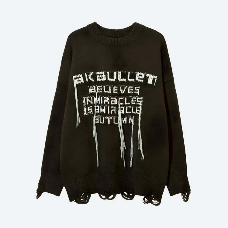 Y2K Grunge Tasseled Sweater - Trendy Layering Piece for Effortless 90s Aesthetic Style