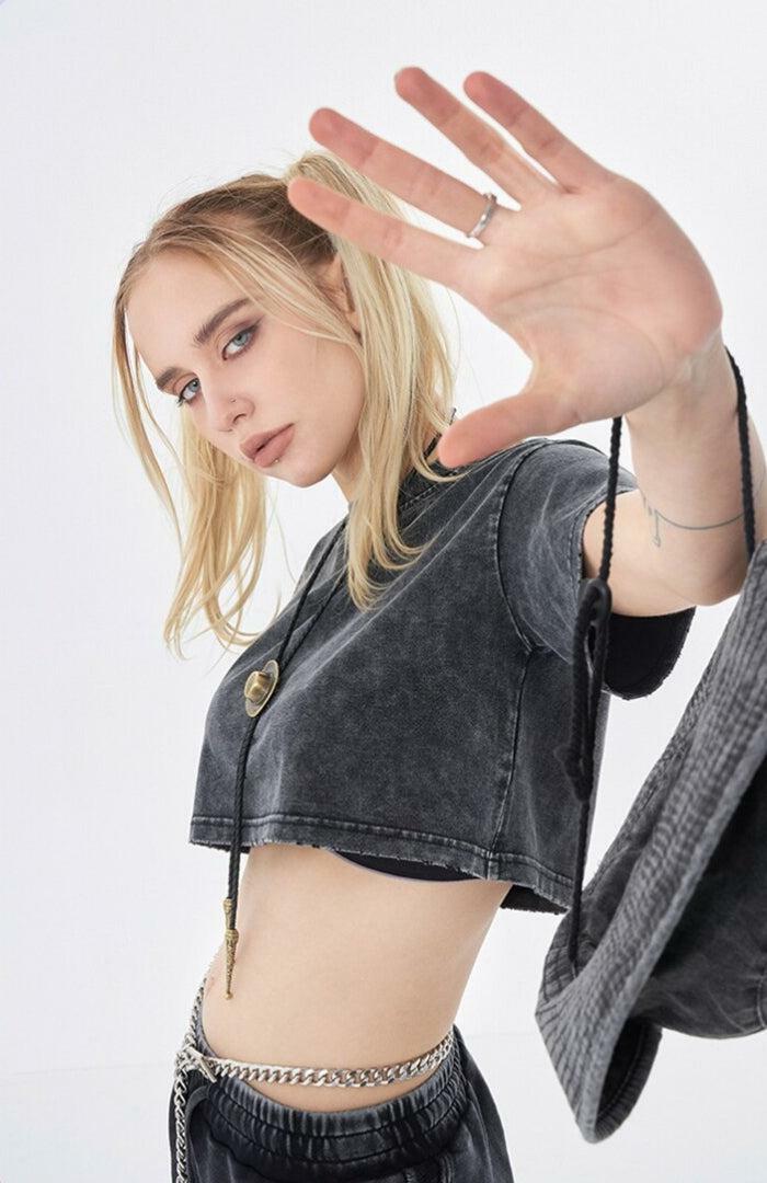 Y2K Grunge Washed Crop Top - Vintage-Inspired 90s Aesthetic for Effortless Summer Style