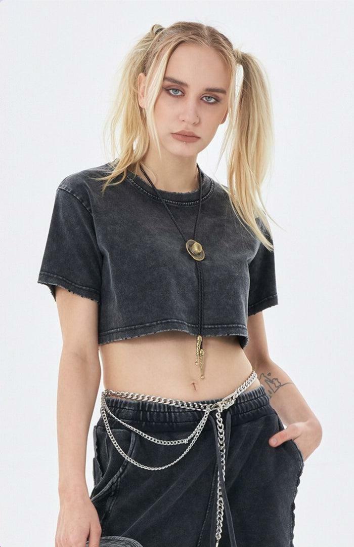 Y2K Grunge Washed Crop Top - Vintage-Inspired 90s Aesthetic for Effortless Summer Style