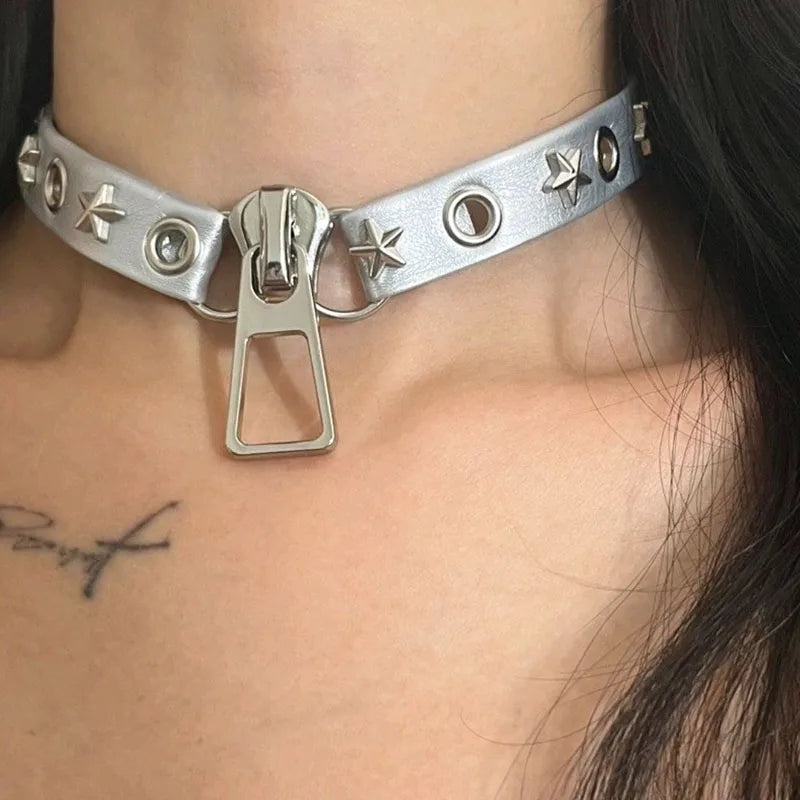 Y2K Grunge Zip Pendant Choker Necklace - Edgy Accessory for 90s Fashion Lovers