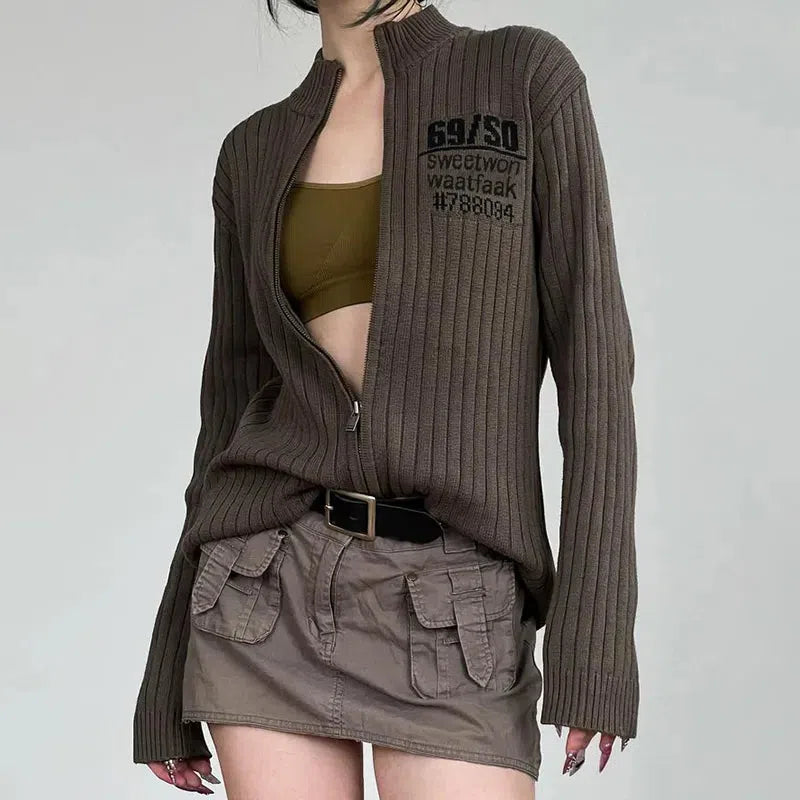 Y2K Grunge Zip-Up Cardigan Jacket for Effortless Layering and Vintage Vibes