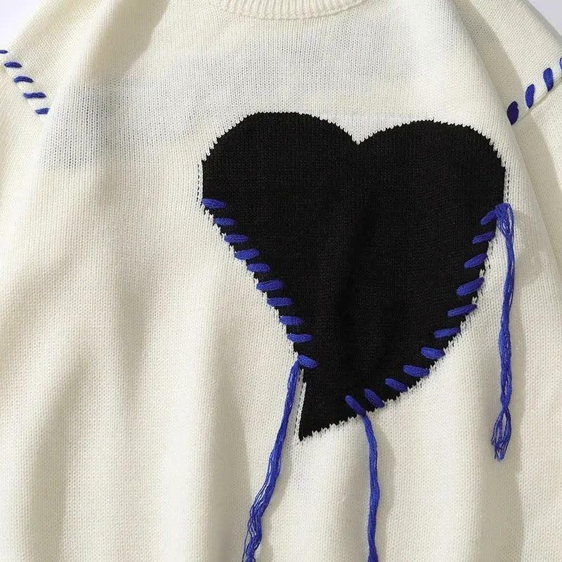 Y2K Heart Embroidered Sweater - Grunge Aesthetic Knitwear for Trendy Summer Outfits