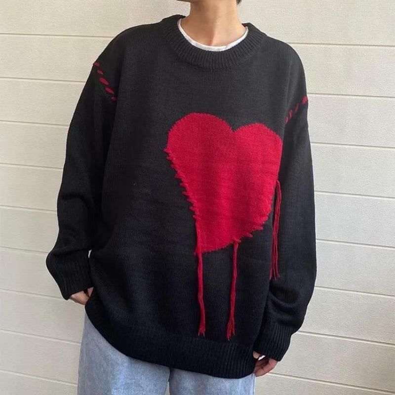 Y2K Heart Embroidered Sweater - Grunge Aesthetic Knitwear for Trendy Summer Outfits