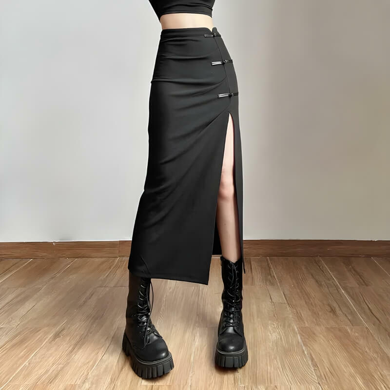 Y2K High Split Midi Skirt - Chic Dark Academia Style for Effortless Summer Outfits